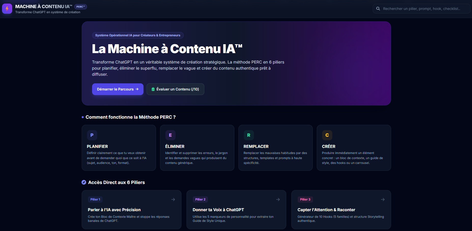 Interface réelle de La Machine à Contenu IA présentant la méthode PERC et l'accès aux six piliers